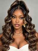 13x4 Lace Front Wig Natural Black mixed brown Pre-styled Updo Body wavy 100% Human Hair
