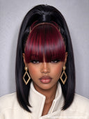 13x4 Lace Front Wig Pre-styled Updo straight with burgundy bangs 