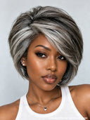 7x5 lace Mixed Color Highlights Light Grey pixie cut Straight 100% Human Hair