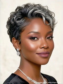 Machine Made Silver Salt And Pepper Grey curly wave pixie 100% Human Hair