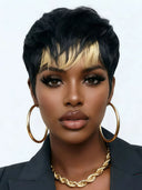 Glueless Wig blonde highlight pixie cut 100% Human Hair