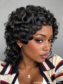 Easy to wear pixie Wig black finger wave mullet 100% Human Hair