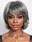 Salt and Pepper Machine Made BOB straight with bangs Glueless wig