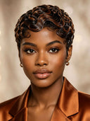 Glueless Pixie wig machine made brown highlight finger wave