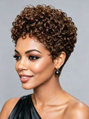 Pixie wig brown curly wave machine made