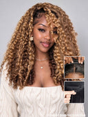Half wig Hair extensions Machine made honey highlight deep wave 18 inch  With Draw-string Beginner Friendly( NOT A WIG)
