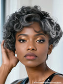 Machine Made Silver Salt And Pepper Grey pixie wig 100% Human Hair