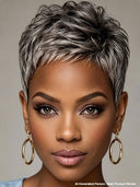 Silver Salt And Pepper pixie cut wig straight 100% Human Hair