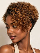Glueless Pixie wig curly wave machine made honey highlight