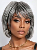 Salt and Pepper Machine Made BOB straight with bangs Glueless wig