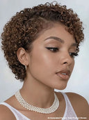 Full lace wig pixie brown curly wave side part 100% Human Hair