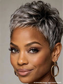 Silver Salt And Pepper pixie cut wig straight 100% Human Hair