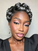 Lace closure 5x5 front salt and pepper pixie cut wig finger wave