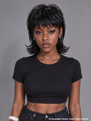 Wig black straight mullet machine made glueless wig 100% Human Hair