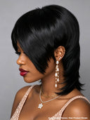 Mullet wig black straight machine made 100% Human Hair