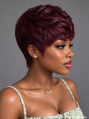 Ready to go Glueless wig pixie straight Burgundy 100% Human Hair