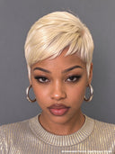 Glueless wig pixie cute wig Machine Made blonde straight 100% Human Hair