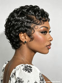 13x4 lace front pixie black quick wavy finger wave 100% Human Hair