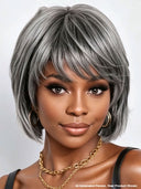 Salt and Pepper Machine Made BOB straight with bangs Glueless wig