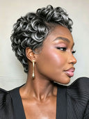 Lace closure 5x5 front salt and pepper pixie cut wig finger wave