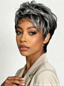 Glueless Wig pixie cut salt and pepper 100% Human Hair