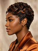 Glueless Pixie wig machine made brown highlight finger wave