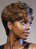 Glueless Wig pixie cut brown with honey highlight 100% Human Hair