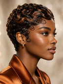 Glueless Pixie wig machine made brown highlight finger wave