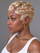 Full lace Pixie cut Wig blonde finger wave side part 100% Human Hair