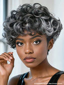 Machine Made Silver Salt And Pepper Grey pixie wig 100% Human Hair