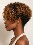 Glueless Pixie wig curly wave machine made honey highlight