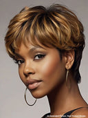 Glueless Wig pixie cut brown with honey highlight 100% Human Hair