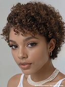 Full lace wig pixie brown curly wave side part 100% Human Hair
