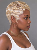 Full lace Pixie cut Wig blonde finger wave side part 100% Human Hair