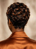 Glueless Pixie wig machine made brown highlight finger wave