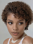 Full lace wig pixie brown curly wave side part 100% Human Hair