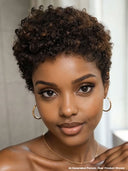 Ready to go Glueless wig  pixie afro brown highlight 100% Human Hair