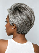 7x5 lace Mixed Color Highlights Light Grey pixie cut Straight 100% Human Hair