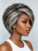 7x5 lace Mixed Color Highlights Light Grey pixie cut Straight 100% Human Hair