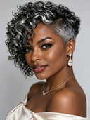 Topper unit pixie salt and pepper curly wave 100% Human Hair（not a wig）