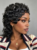 Easy to wear pixie Wig black finger wave mullet 100% Human Hair