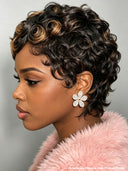 Glueless Wig Machine Made pixie cut finger wavy Highlights 100% Human Hair
