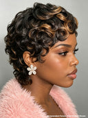 Glueless Wig Machine Made pixie cut finger wavy Highlights 100% Human Hair