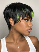 Glueless wig pixie straight green highlight Machine Made 100% Human Hair