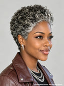 Machine made pixie cut wig salt & pepper afro curly