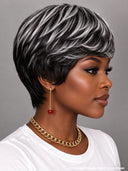 Machine made pixie cut wig silver highlight for black women