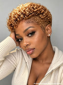 Full lace wig pixie curly wave honey 100% Human Hair