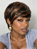 Pixie cut wig ready to wear machine made brown highlight 100% Human Hair 