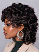 Mullet wig black bouncy wavy 100% Human Hair