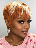 Pixie cut wig ready to wear machine made orange mxite blonde highlight 100% Human Hair